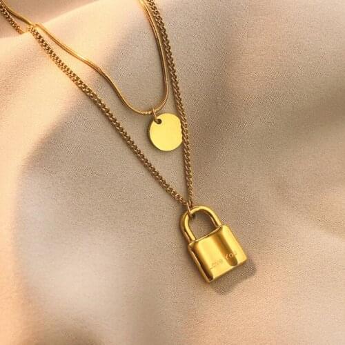 316L Stainless Steel 2 Layer Lovers Lock Love You Charms Snake Bone Chain Choker Necklace For Women Fashion Trend Jewelry SAN372