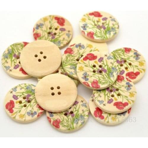 50Pcs 30mm Wild Flower Print Patterns, 4 Holes Round Wooden Buttons, for Sewing, Scrapbooking Craft 7NK21