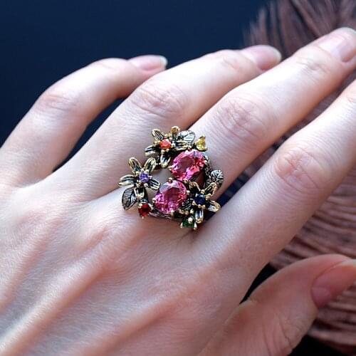 Large stock Sweet Red pink Crystal CZ Ring Multi stone Jewellery Leaf Flower Womens high quality Jewelry dropshipping rings