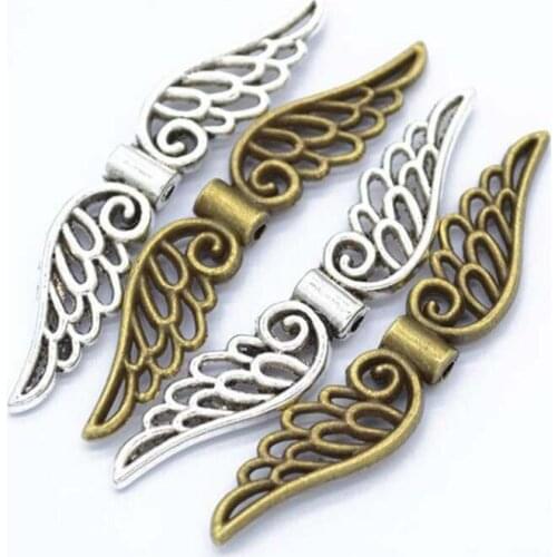 Two Size Zinc Alloy Tibetan Antique Silver Vintage Wing Hole Beads Charm Fit Jewelry Making
