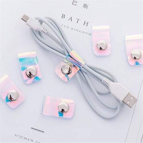 5pcs Laser Color Cable Winder Earphone Buckle Desk Set Cable Organizer Wire Storage Data Line Holder Cable Tie Desk Accessories