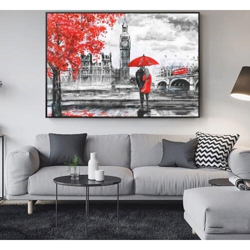 Lovers Under the Red Umbrella Oil Painting on Canvas Posters London Landscape Wall Art Print Picture for Living Room Home Decor