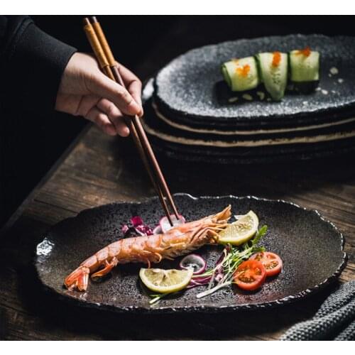 EECAMAIL Japanese Style Black Pearl Ceramic Tableware Creative Sushi Dish Irregular Long Strips Daily Tray Snack Dessert Plate