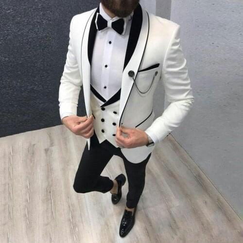 Classy White Three Pieces Mens Suits Peaked Lapel Wedding Grooms Tuxedos Slim Fit Formal Blazer One Button Prom Suit With Jacket