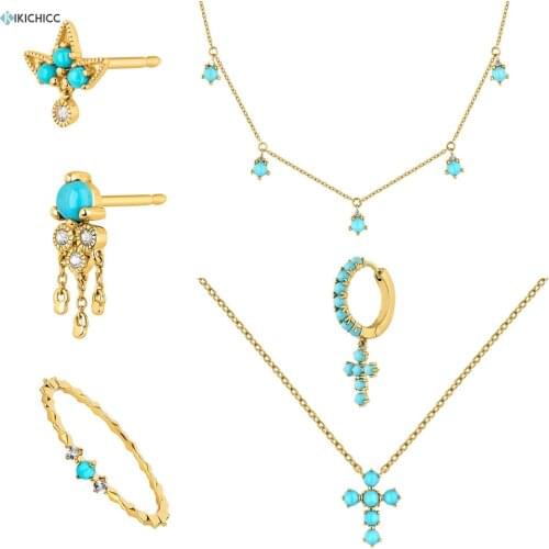 KIKICHICC 925 Sterling Silver Gold Turquoise Cross Choker Earring Ring Chain Necklace Jewelry Set Women Fine Jewelry Crystal CZ