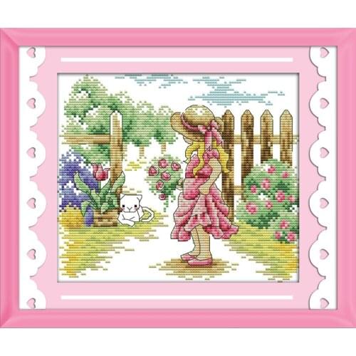 Everlasting Love The Girl Seeing A Cat Chinese Cross Stitch Kits Ecological Cotton Printed 11CT DIY Christmas Decorations Gift