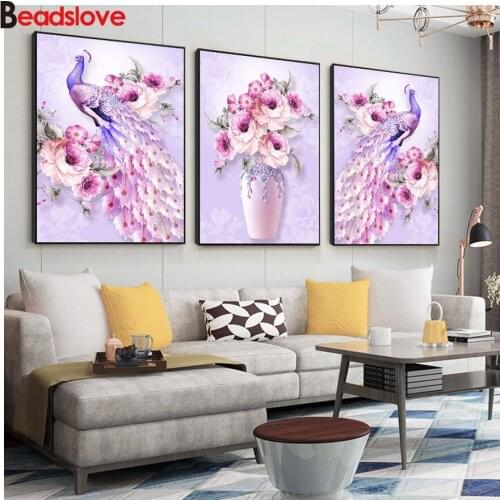Still life diamond painting full square round drill Pea cock and floral 3pcs set diamond embroidery Handmade mosaic picture icon