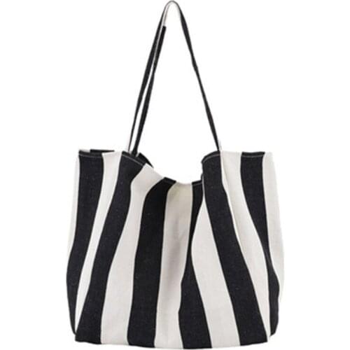 New striped canvas bag ins casual Korean womens shoulder bag simple large capacity canvas bag storage shopping bag