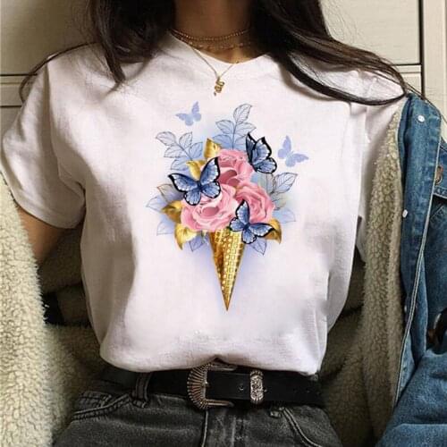 New Women T Shirt Butterfly Flower Ice Cream Print T Shirt Female O-neck Short Sleeve Tops Tee Ladies Cute Tee Shirts Clothing