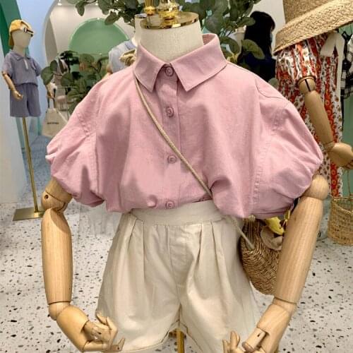 2021 New Girl Clothes Summer Fashion Simple Style Lapel Puff Sleeve Cotton Short Shirt Blouses