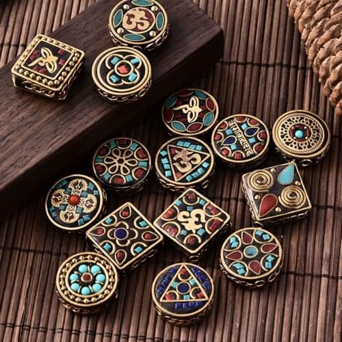 Handmade Buddha Eye Tibetan Beads Antique Gold Retro Brass Flowers Round Square Bohemian Beads for Jewelry Making DIY Finding