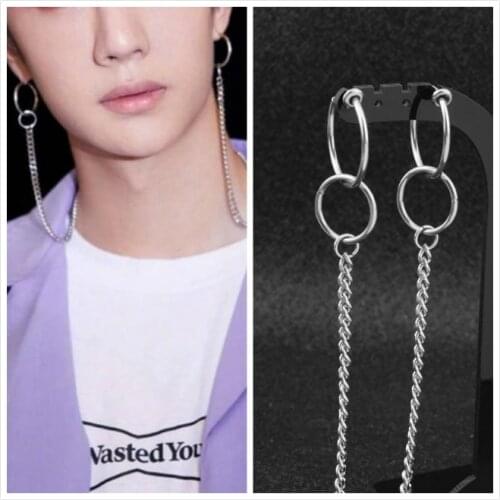 1 pair KPOP Idol Yibo same Stud Earring Punk Double Circle Long Tassel Earrings Hip Hop Jewelry For Men Women Brincos Lan Wangji
