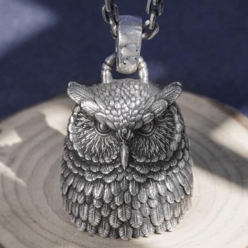 Solid 999 Sterling Silver handmade owl lucky mens pendant Charm jewelry A5691