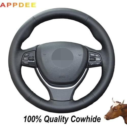 Hand-stitched Black Genuine Leather Steering Wheel Cover for BMW 520i 528i 2013 2014 730Li 740Li 750Li F10 2014