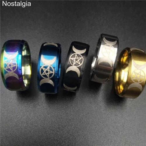 Nostalgia Stainless Steel Triple Moon Goddess Wicca Pentacle Titanium Ring Crescent Moon Pentagram Rings For Women Men Jewlery