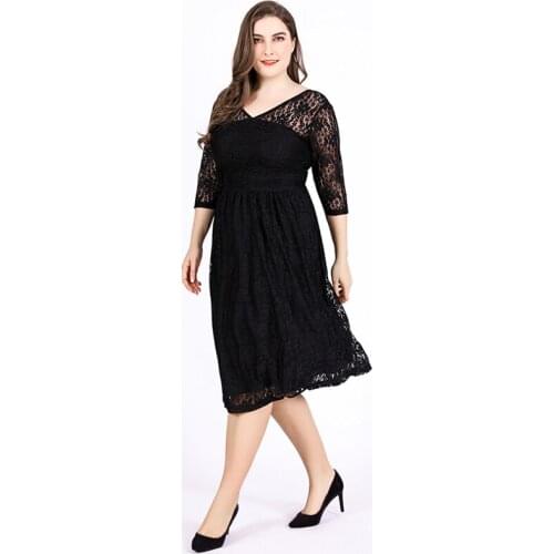 TUHAO Summer Lace Dress Women Clothing Three Quarter Sleeve V-neck High Waist Midi Elegant Loose Plus Size Dress Black T1806