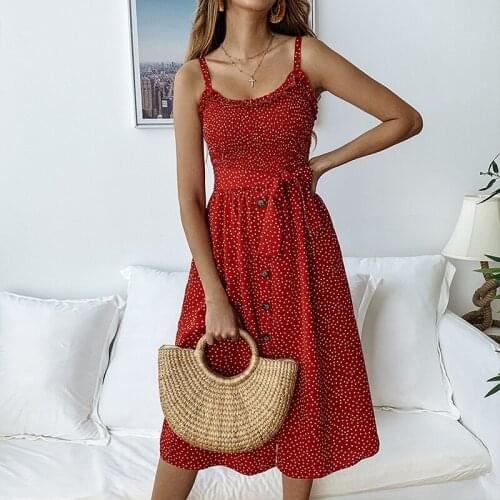 UZZDSS Polka Dot Print Sundress 2021 Strapless Ruffle Sashes Tied Bow A-Line Dress Women Button Backless Summer Beach Dresses