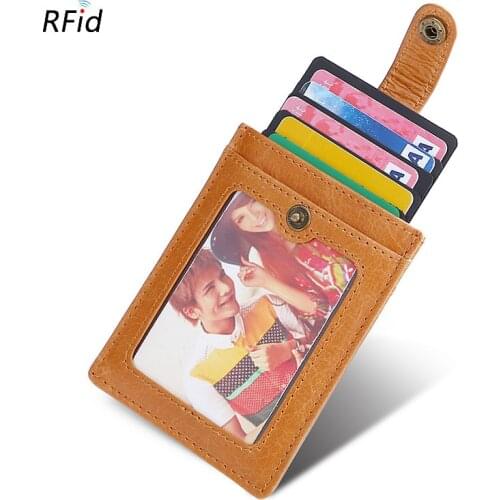 RFID Genuine Leather Vintage ID Credit Card Holder Clear Transparent Window Bank ID Card Holder Stip Belt Easy Pull Card Wallet