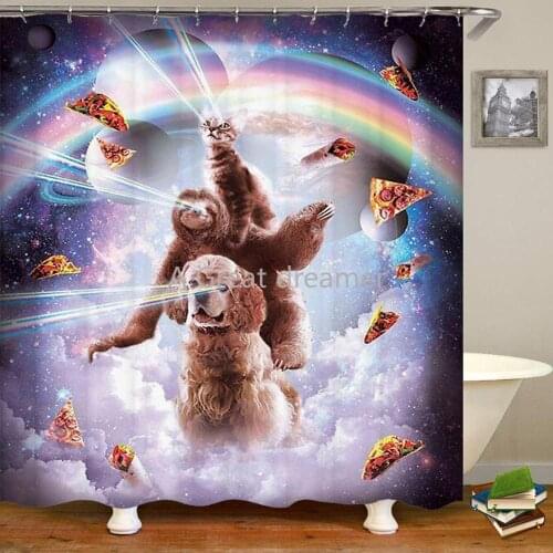 3d Funny Cat Sloth Dog With Rainbow Pizza Taco In Galaxy Shower Curtain Accept Customization Waterproof Curtains