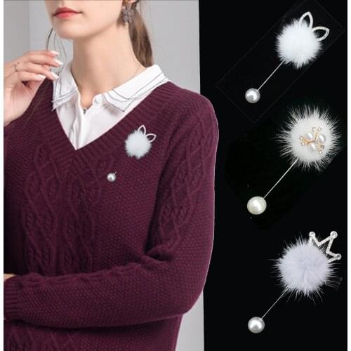Winter Cute Rabbit Ears Real Mink Brooch Pins For Women Korean Fur Pompom Piercing Lapel Brooches Fashion Collar Jewelry Gift