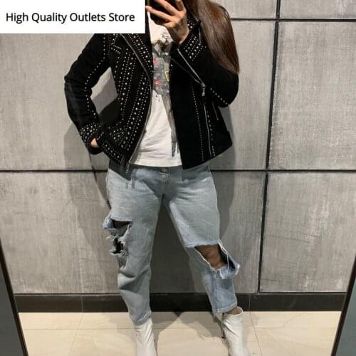 Women real leather jacket rivet sheepskin jacket motorcycle leather jacket