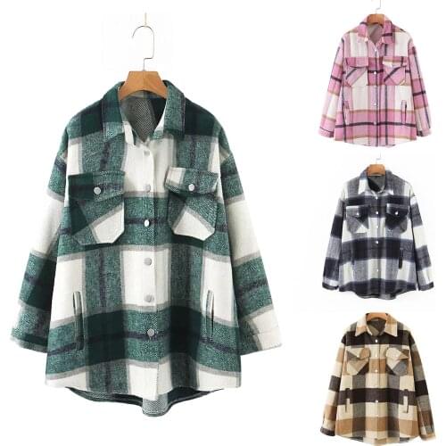 Women High Quality Turn-down Collar Breasted Polo Shirt Chest Pocket Long-Sleeved Polo Shirt Cotton Plaid Button-up Shirt Coat