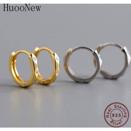 925 Sterling Silver Gold Color Round Circle Faceted Huggies Hoop Earring Pendientes Oorbellen Brinco Boucle D'oreille For Women