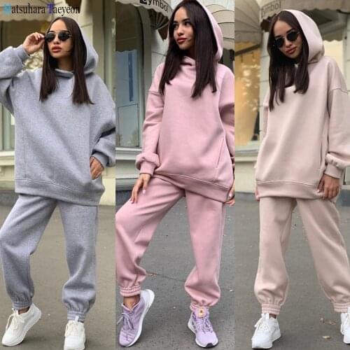 Womens Tracksuit Casual Fleece Two Piece Sets Oversized Hooded Long Sleeve Female Hoodie Suit Winter Sport Pants Ladies Set