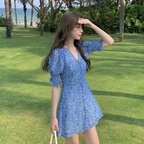 2021 Summer Elegant Floral Dress Women Sweet Vintage Korean Temperament Cuaual Sexy Mini Dress Chiffon V-neck Party Beach Dress