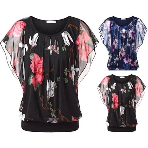 40% Dropshipping!! Flower Print Women Shirt Short Flying Sleeve Simple Crew Neck Mesh Loose Top Streetwear