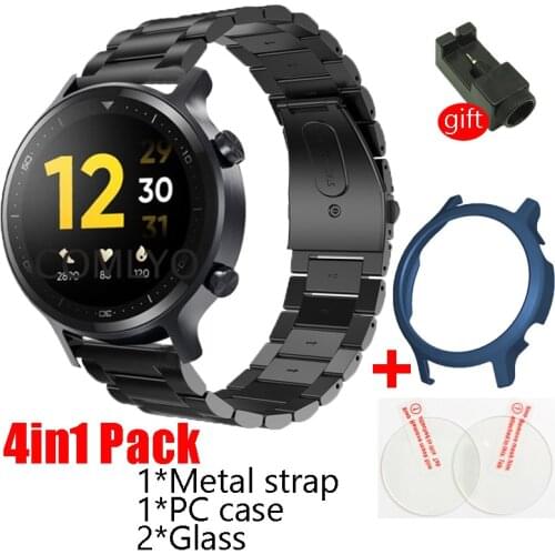 4in1 Pack For Realme watch S strap Band Metal Stainless Steel Straps bracelet wrist belt case cover glass screen prtector film