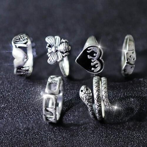 6Pcs Punk Silver Color Flame Heart Rings Goth Kpop Snake Bee Dice Animal Unisex Couple Fashion Jewelry Gift