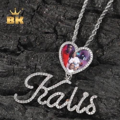 THE BLING KING Custom Cursive Letters Heart Photo Bail Memory Pendant DIY Picture Chain Necklace Hiphop Jewelry For Family Gift