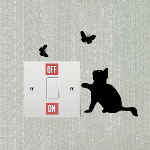 Black Vinyl Cat And Butterfly Playing Switch Stickers Decor Bedroom Wall Sticker 3SS0005