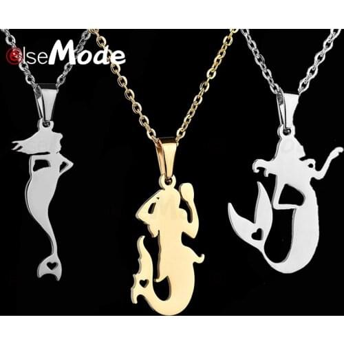 ELSEMODE Fairy Tale Mermaid Necklaces for Women Gold 316L Stainless Steel Love Heart Charm Pendant Necklace Jewelry Gifts