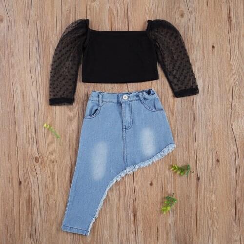 2021 Fashion Girls Clothes Sets Children Kid Mesh Lace Long Sleeve Pullover Tops Denim Blue Skirts 2pcs Outfits Summer Clothing