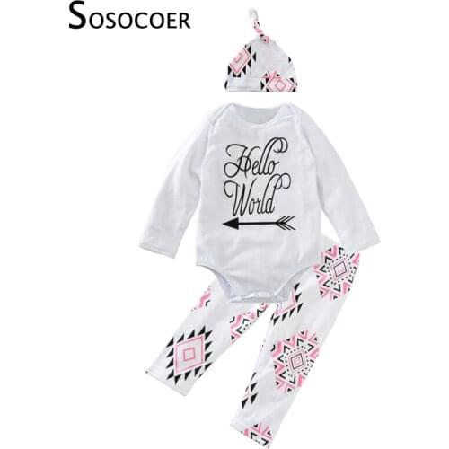 SOSOCOER Baby Girl Clothing Sets Letter Hello World Rompers+Geometry Pants+Caps/Hats 3pcs Kids Clothes Arrow Girls Clothing Set