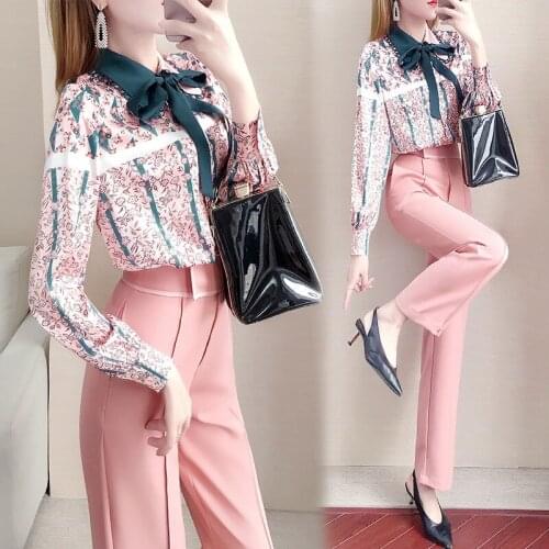 Womens Suits 2020 Spring New Fashionable Style Commuting Two-piece Chiffon Shirt Pants 2 piece sets womens outfits