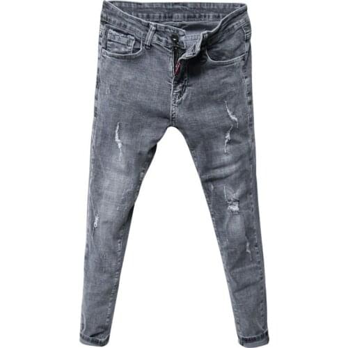 Summer 2021 trendy mens washed ripped ankle length pants light-colored pants Korean style slim-fit mens teenagers denim jeans