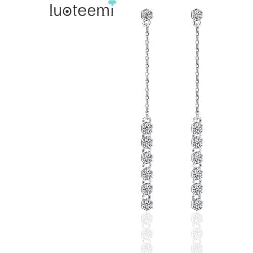 LUOTEEMI Women White Gold Color Classic 7pcs Round Cut Cubic Zirconia Statement Link Chain Drop Earrings For Female Dangle