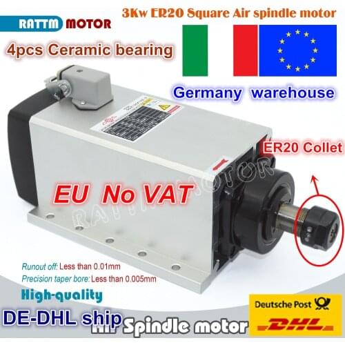 From EU/free VAT Square 3kw Air cooled spindle motor ER20 runout-off 0.01mm,220V 4pcs bearing for CNC Router Engraving milling