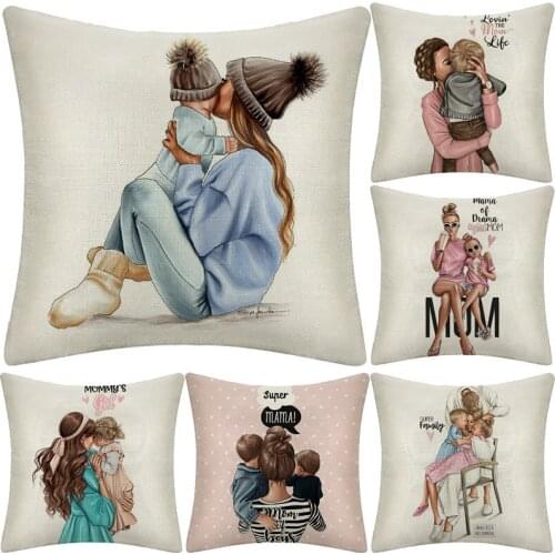 Cartoon Super Fashion Mama Cushion Cover Linen 45*45cm Mom and Baby Pillow Case for Sofa Home Decor Super Daddy Pillowcase