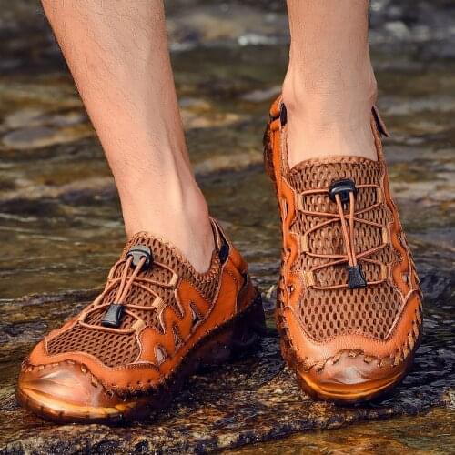 Mens Sandals Summer Breathable Mesh Genuine Leather Sandals Men Beach Shoes Casual Walking Men Shoes Sneakers Plus Size 38-46