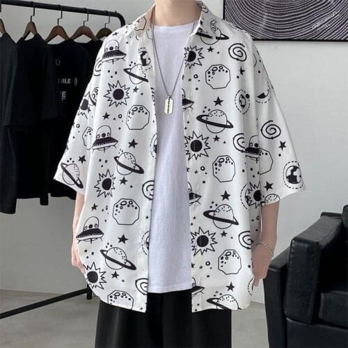 Hiphop Short Sleeve Shirts for Men Spring Summer Loose Tops Trendy Brand Full Printed Men’s Clothes Casual Streetwear Thin Coat