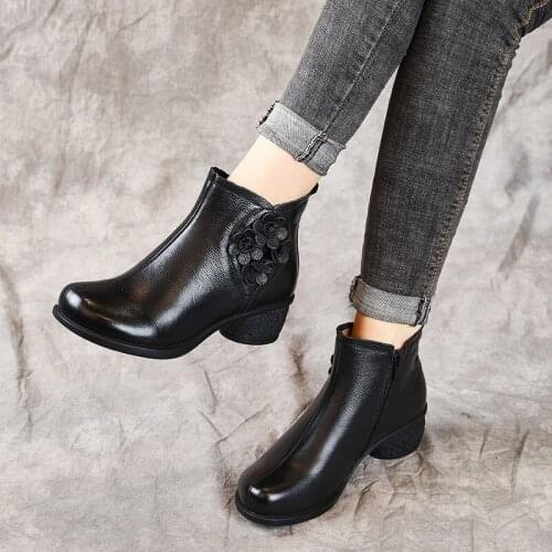 Spring Autumn Women Boots Genuine Leather Thick Heels Ankle Boots For Women Shoes Retro Flower Zipper Short Boots