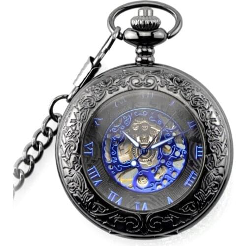Blue Clock Skeleton Watch Automatic Mechanical Pocket Watch Men Vintage Hand Wind Clock Necklace Pocket & Fob Watches With Chain