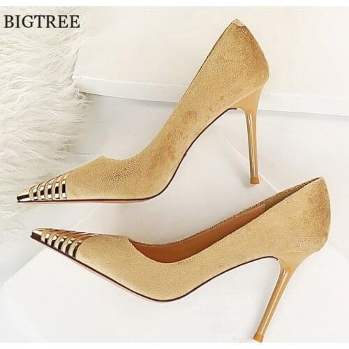 BIGTREE Women Pumps Spring High Heels 9cm Fashion Metal Pointed Toe Ladies Shoes Apricot Flock Shallow Woman Party Shoes Wedding