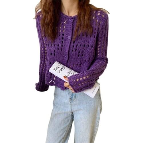 2021 knitted cardigan womens autumn new Korean long sleeve short hollow out design thin coat