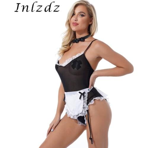 Womens Lingerie See-through Mesh Lace Bodysuit with Apron G-String Crotchless Briefs and Tie Knot Set Underwear Sexy Nightwear