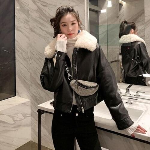 Winter Thick Faux Leather Short Jackets for Women Long Sleeve Fur Collar Ladies Jacket Plus Size Pu Leather Jackets with Zipper